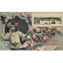 PARIS Fantaisie . Carte multi-vues Fillette et Fleurs 1908. Carte émaillographie (dico) éditions ELD