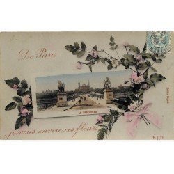 carte postale ancienne 75 PARIS Fantaisie . Carte montage Trocadéra et Fleurs 1908. Carte émaillographie (dico) ELD