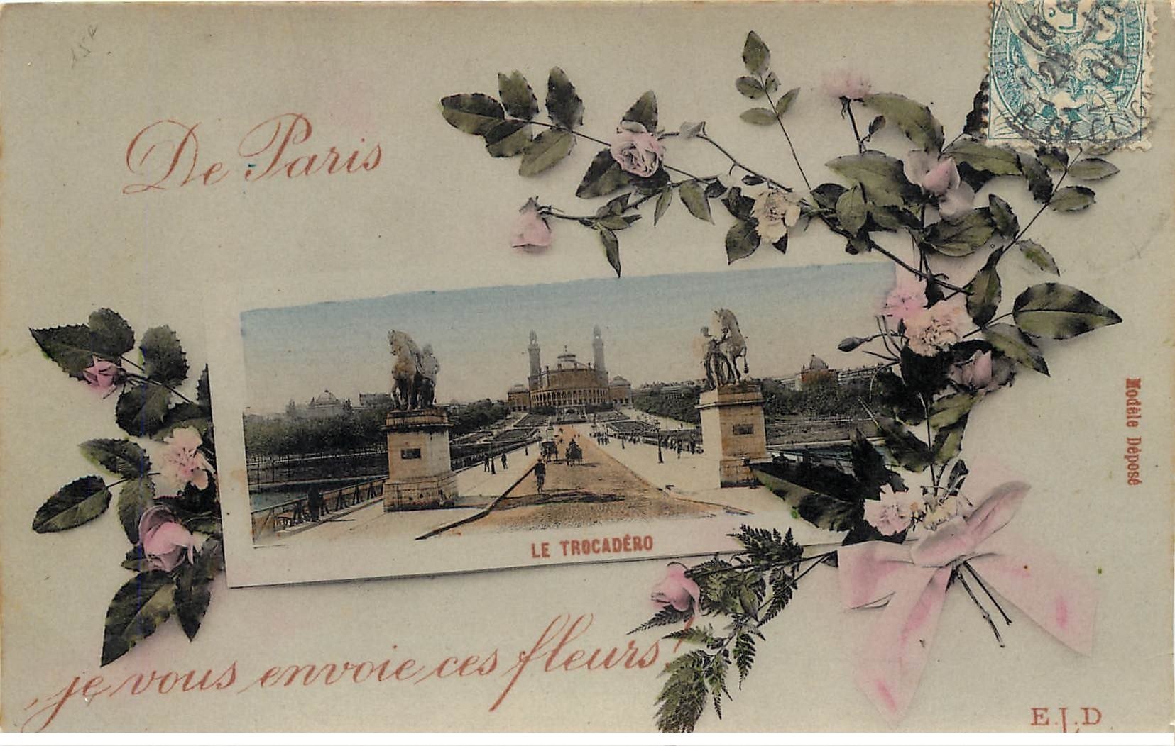 carte postale ancienne 75 PARIS Fantaisie . Carte montage Trocadéra et Fleurs 1908. Carte émaillographie (dico) ELD