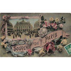 carte postale ancienne 75 PARIS Fantaisie . Carte montage Opéra et Fleurs 1908. Carte émaillographie (dico) ELD