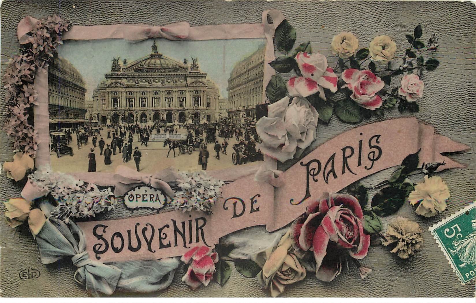 carte postale ancienne 75 PARIS Fantaisie . Carte montage Opéra et Fleurs 1908. Carte émaillographie (dico) ELD