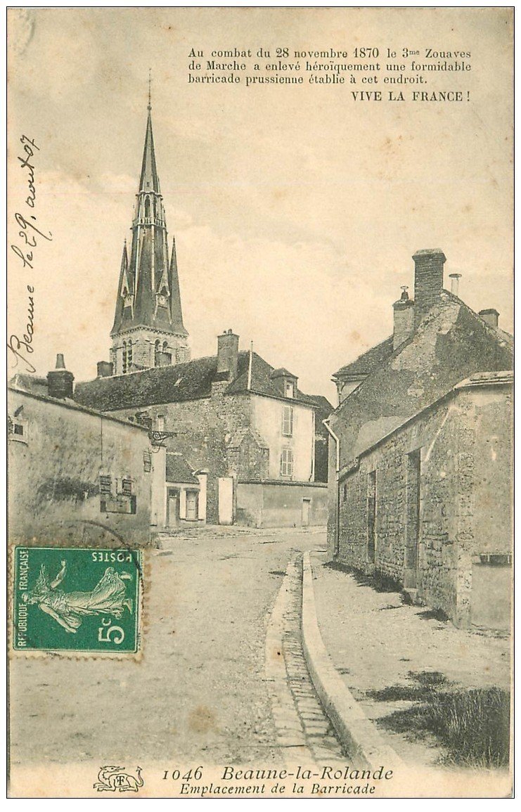 carte postale ancienne 45 BEAUNE-LA-ROLANDE. Emplacement de la Barricade 1907