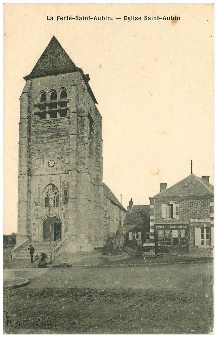 carte postale ancienne 45 LA FERTE-SAINT-AUBIN. L'Eglise et Epicerie Rouennerie. Café Montagne