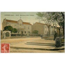 carte postale ancienne 11 ALZONNE. Ecole et Monument Vialatte 1908. Carte émaillographie