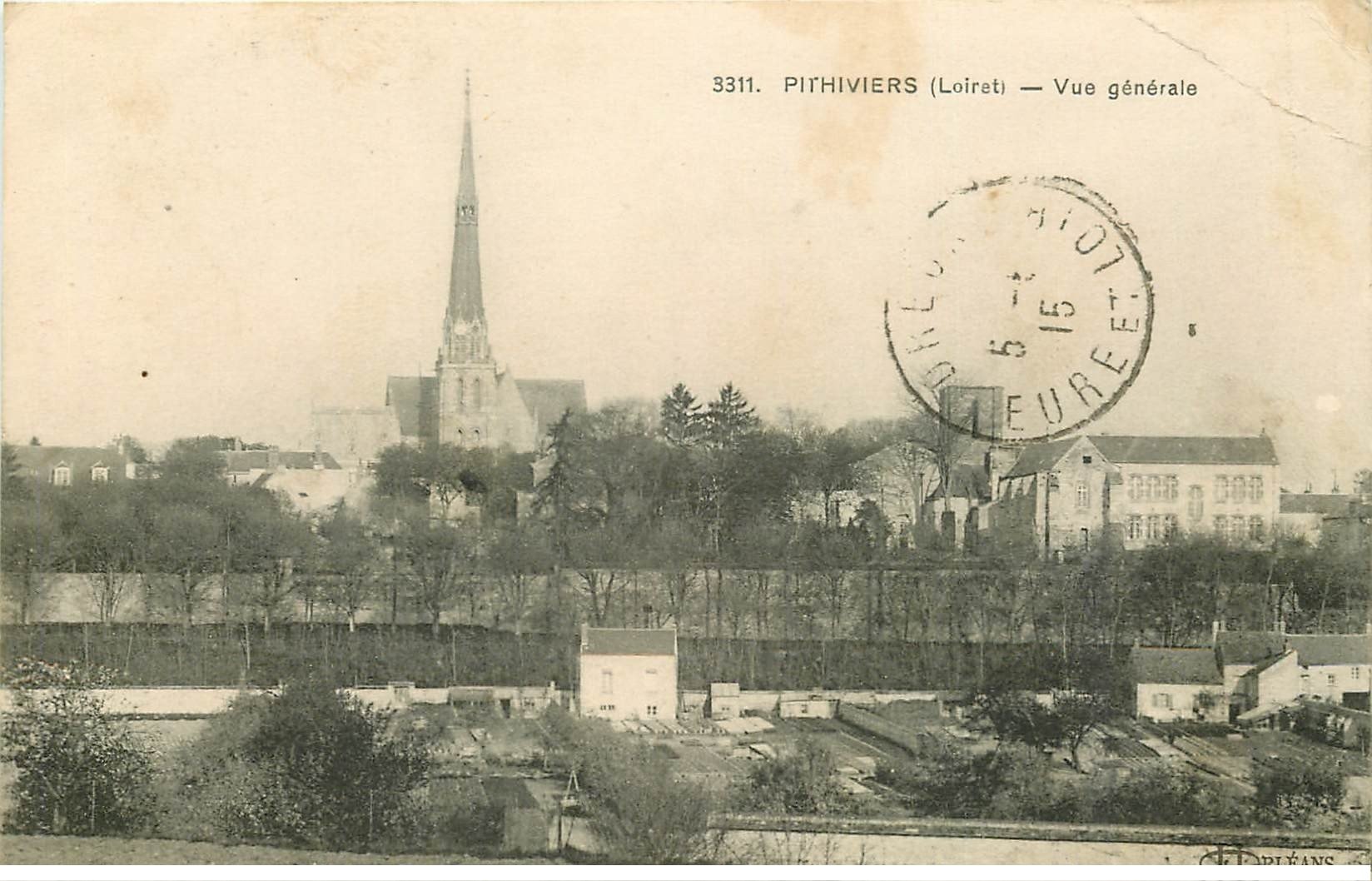 carte postale ancienne 45 PITHIVIERS. Vue générale tampon mititaire 1915