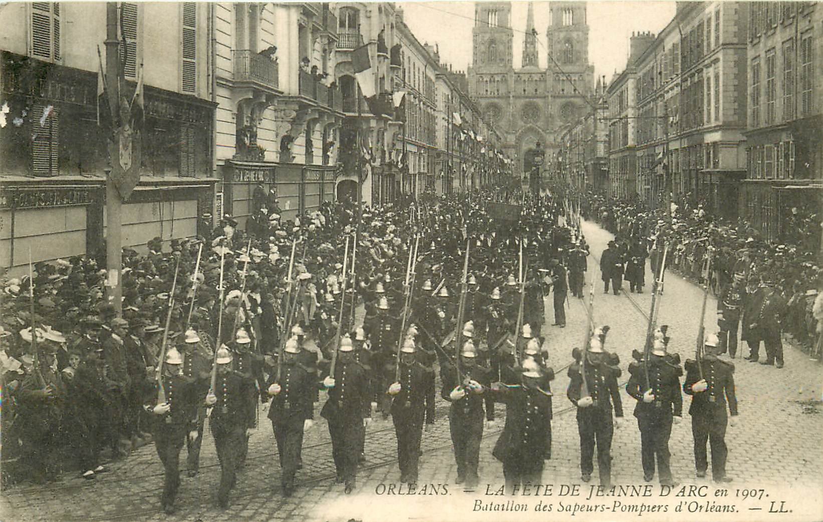 carte postale ancienne 45 ORLEANS. Bataillon des Sapeurs Pompiers 1907. Fête Jeanne d'Arc