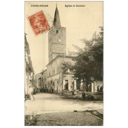 carte postale ancienne 11 CUXAC-D'AUDE. Eglise et Clocher 1910. Poste et Télégraphes. Carte Photo émaillographie