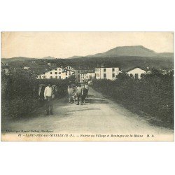 carte postale ancienne 64 SAINT-PEE-SUR-NIVELLE. Attelage de Boeufs à l'entrée du Village