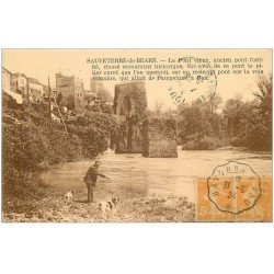 carte postale ancienne 64 SAUVETERRE-DE-BEARN. Vieux Pont 1924 personnage et Chiens