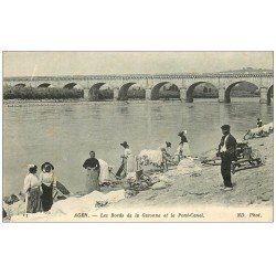 carte postale ancienne 47 AGEN. Lavandières Laveuses sur la Garonne. Pont-Canal