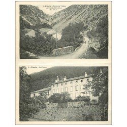 carte postale ancienne 11 GINCLA. Carte double Notice 1912. Château et Scierie Avenue de Salvezines à l'entrée du Village