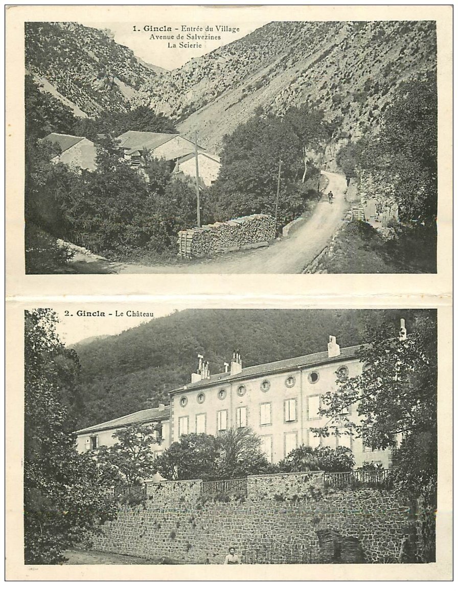 11 GINCLA. Carte double Notice 1912. Château et Scierie Avenue de Salvezines à l'entrée du Village