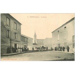 carte postale ancienne 11 HOMPS. La Place 1914 Epicerie Boucherie et motocycliste