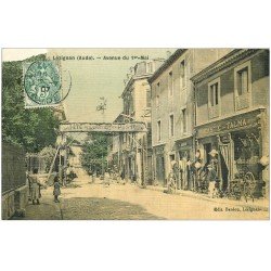 carte postale ancienne 11 LEZIGNAN. Avenue du 1° Mai Fête du Quartier de la Poste. Carte toilée 1907 (défaut)...