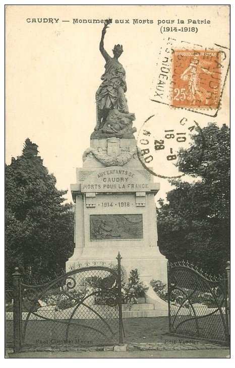 carte postale ancienne 59 CAUDRY. Monument aux Morts 1928
