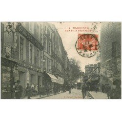 carte postale ancienne 11 NARBONNE. Rue de la République 1911 Grand Hôtel de France
