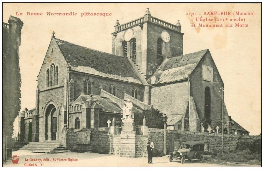 carte postale ancienne 50 BARFLEUR. Eglise, Cimetière, Monument aux Morts et Voiture