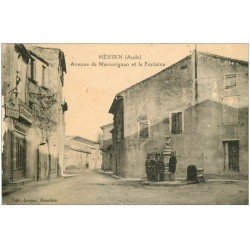 carte postale ancienne 11 NEVIAN. Avenue de Marcorignan et Fontaine. La Ruche du Midi Epicerie