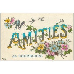 carte postale ancienne 50 CHERBOURG. Amitiés fantaisie avec Fleurs et Hirondelles