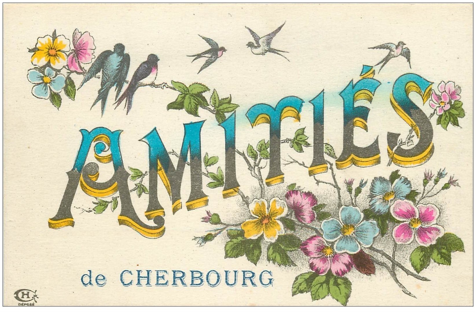 50 Cherbourg Amities Fantaisie Avec Fleurs Et Hirondelles