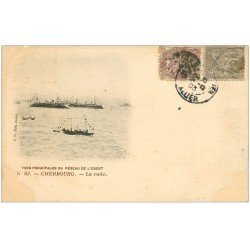 carte postale ancienne 50 CHERBOURG. La Rade Navires de Guerre. Rare Timbre de 3 Centimes 1903