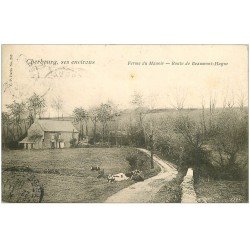 carte postale ancienne 50 FERME DU MANOIR. Route de Beaumont-Hague 1904 avec Vaches