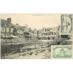 carte postale ancienne 50 GENETS. Le Vieux Pont. Timbres Exposition Cherbourg 1905 mais carte vierge