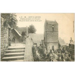 carte postale ancienne 50 MONT-SAINT-MICHEL. Gamin sur les marches Eglise et Cimetière