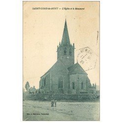 carte postale ancienne 50 SAINT-CÔME-DU-MONT. L'Eglise et Monument 1928. Minuscule pli coin