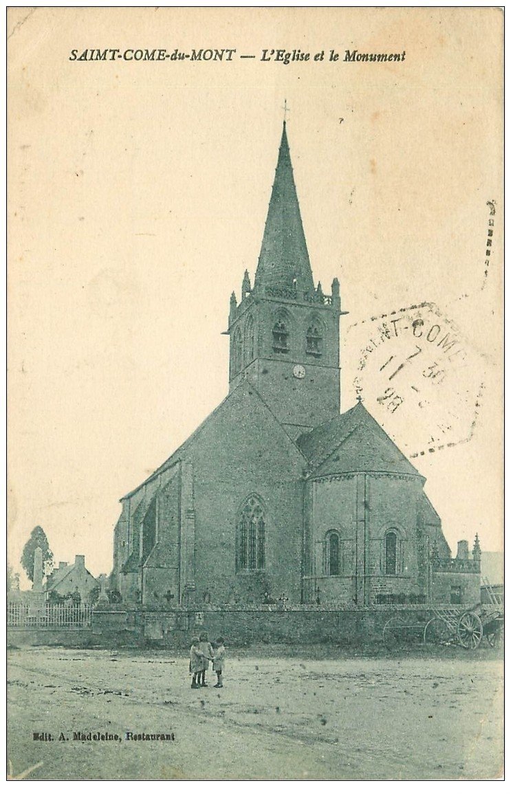 carte postale ancienne 50 SAINT-CÔME-DU-MONT. L'Eglise et Monument 1928. Minuscule pli coin