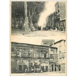 carte postale ancienne 11 SALLEDES-D'AUDE. Place de la République et Château de François 1er 1908. Carte double Notice
