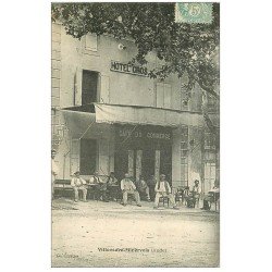 carte postale ancienne 11 VILLENEUVE-MINERVOIS. Hôtel Cros et Café du Commerce 1906