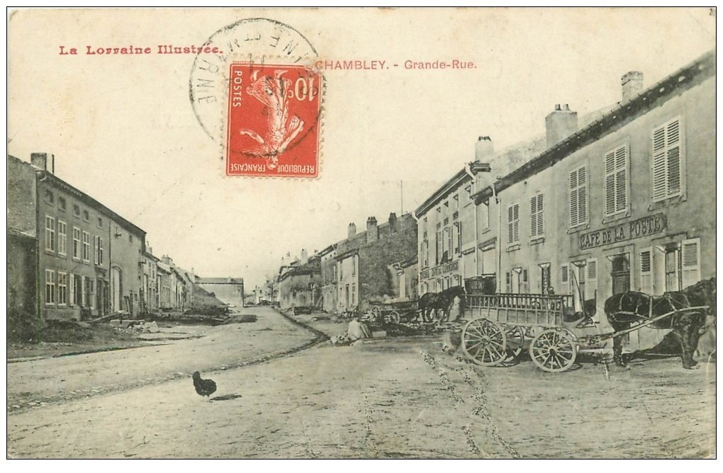 carte postale ancienne 54 CHAMBLEY. Grande Rue 1911 Cafés de la Poste et du Commervce