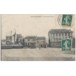 carte postale ancienne 54 CONFLANS-JARNY. Place de la Gare 1907. Hôtels du Buffet et de la Gare