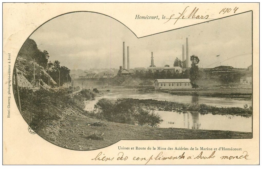 carte postale ancienne 54 HOMECOURT. Usines Route Mine Aciéries de la Marine 1904