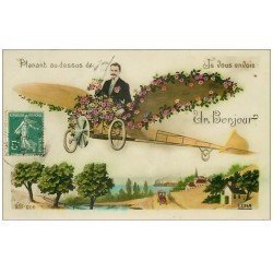 carte postale ancienne 54 JOEUF. Fantaisie avec Aéroplane 1910. Carte émaillographie