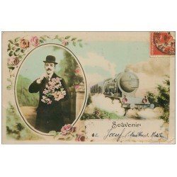carte postale ancienne 54 JOEUF. Fantaisie avec Locomotive 1912. Carte émaillographie