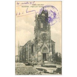 carte postale ancienne 54 MAGNIERES. Eglise incendiée 1918 Tampon Militaire et voiture