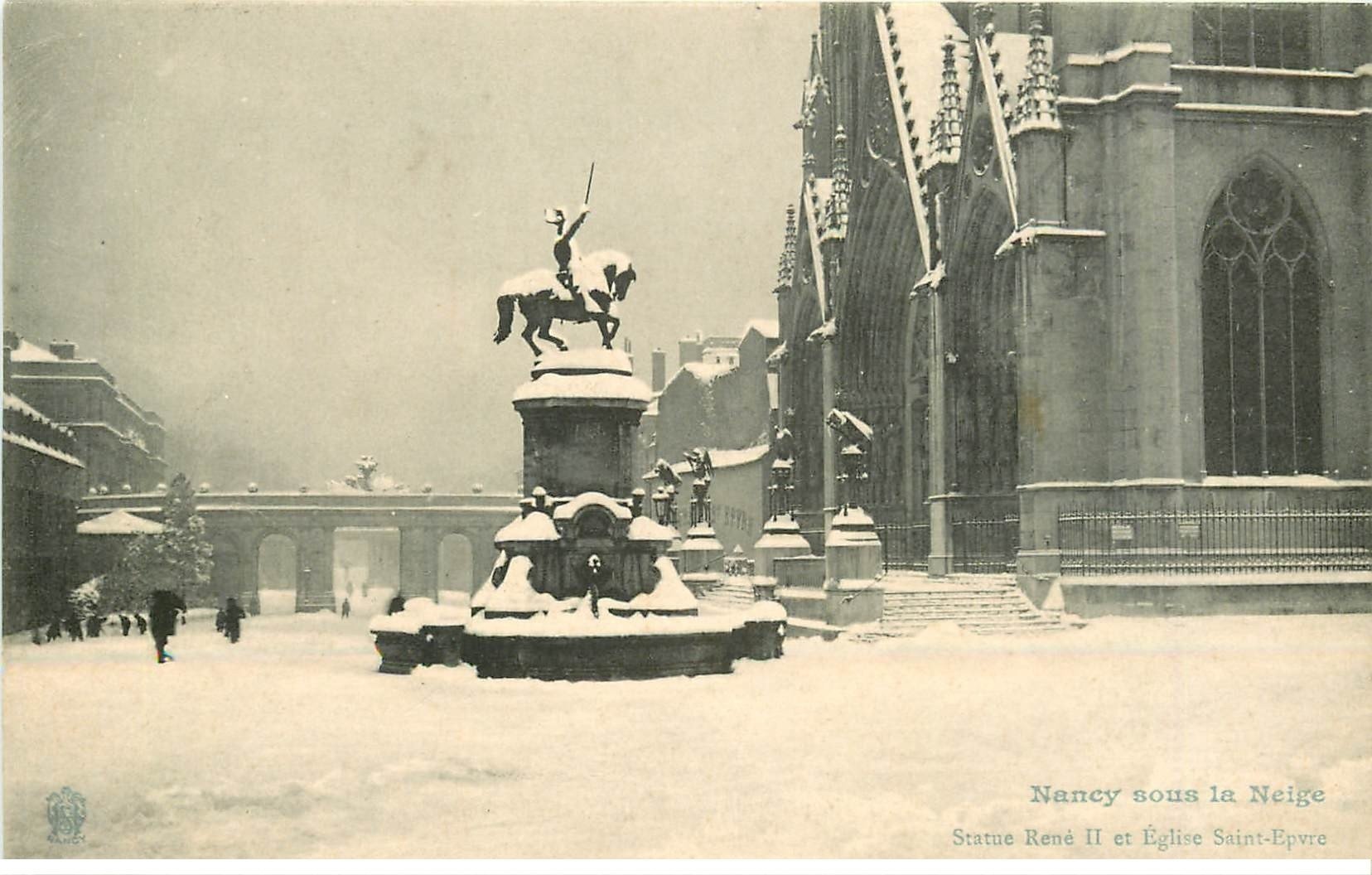 carte postale ancienne 54 NANCY. Statue René II et Eglise Saint-Epure sous la neige