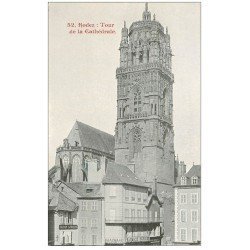 carte postale ancienne 12 RODEZ. La Cathédrale Notre-Dame. La Tour et Pharmacie Bousquet et Maison Carrere