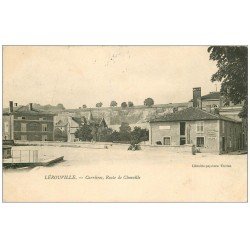 carte postale ancienne 55 LEROUVILLE. Carrières Route de Chonville. Panneau Chocolat Menier et Chicorée Arlatte