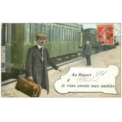 carte postale ancienne 55 SAINT-MIHIEL. Carte montage Train en Gare et Voyageur