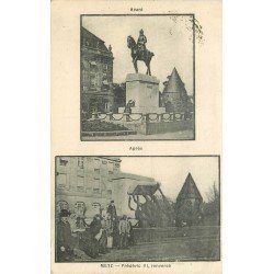 carte postale ancienne 57 METZ. Monument de l'Empereur Frédéric avant puis après renversé 1919
