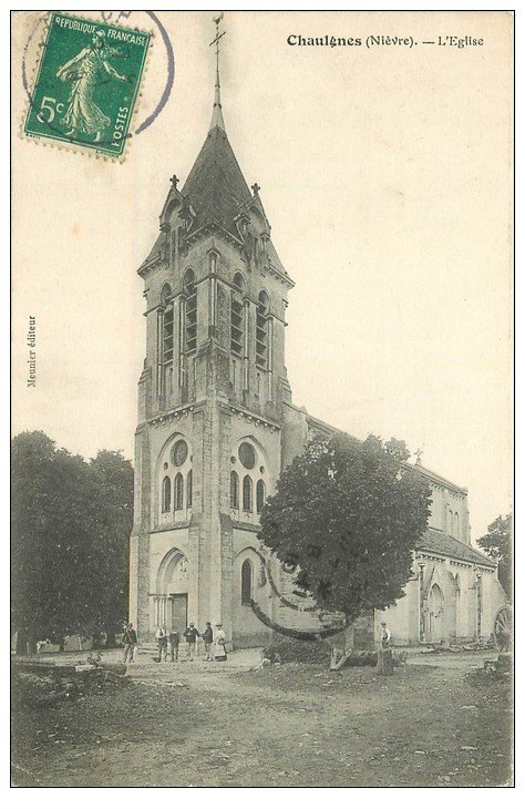 carte postale ancienne 58 CHAULGNES. L'Eglise et Ouvriers 1910