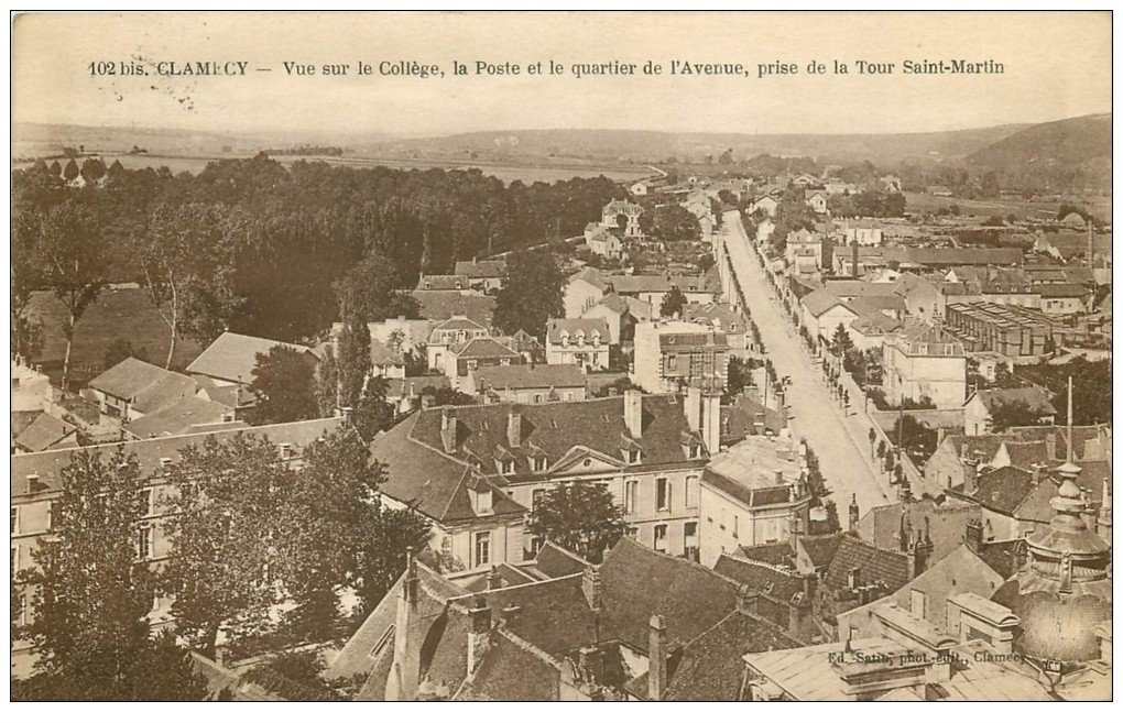 carte postale ancienne 58 CLAMECY. Le Collège et la Poste Quartier de l'Avenue 1923