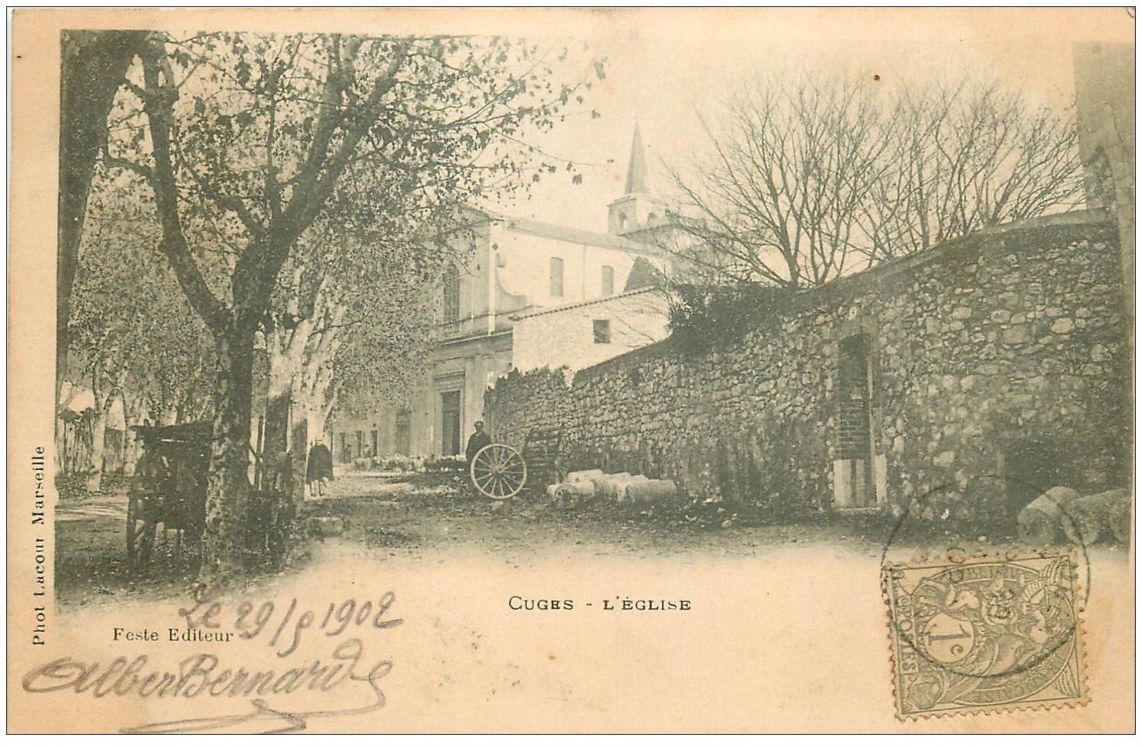 carte postale ancienne 13 CUGES. L'Eglise. Timbre de 1 centime 1902