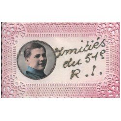 60 BEAUVAIS. Carte Papier Dentelle véritable photographie et paillettes. Amitiés du 51° Régiment d'Infanterie 1933