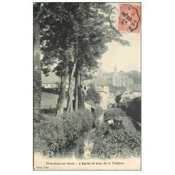 carte postale ancienne 60 CHAUMONT-EN-VEXIN. Eglise et bras de la Troësme 1905 Ecolier au bord de l'eau