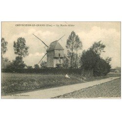 carte postale ancienne 60 CREVECOEUR-LE-GRAND. Le Moulin Alidor avec Meunier assis