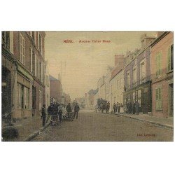 carte postale ancienne 60 MERU. Avenue Victor-Hugo vers 1909. Buvette Tabac. Superbe carte toilée